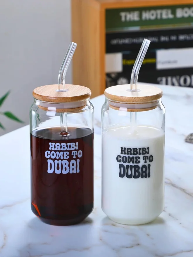 1 تشيس 1CHASE Set of 2 -Habibi Come to Dubai Borosilicate Sipper Glasses, 550ml